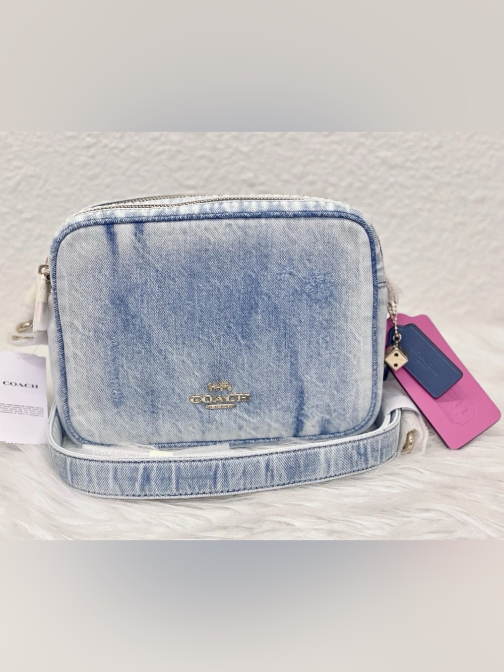 NWT Coach Carey Crossbody Bag In Loved Denim With Charms Light Indigo CEK67